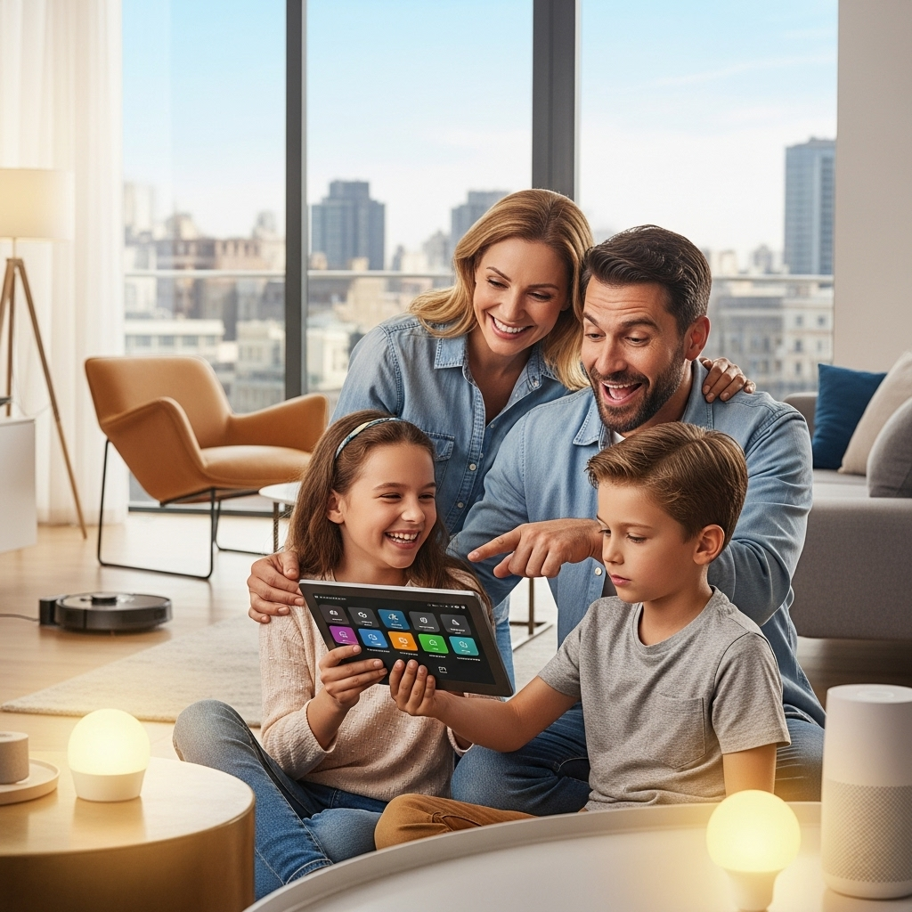 Happy family using smart home technology