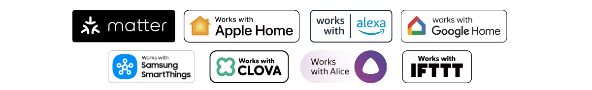 Logos of compatible smart home platforms including Matter, Apple Home, Alexa, Google Home, Samsung SmartThings, and IFTTT